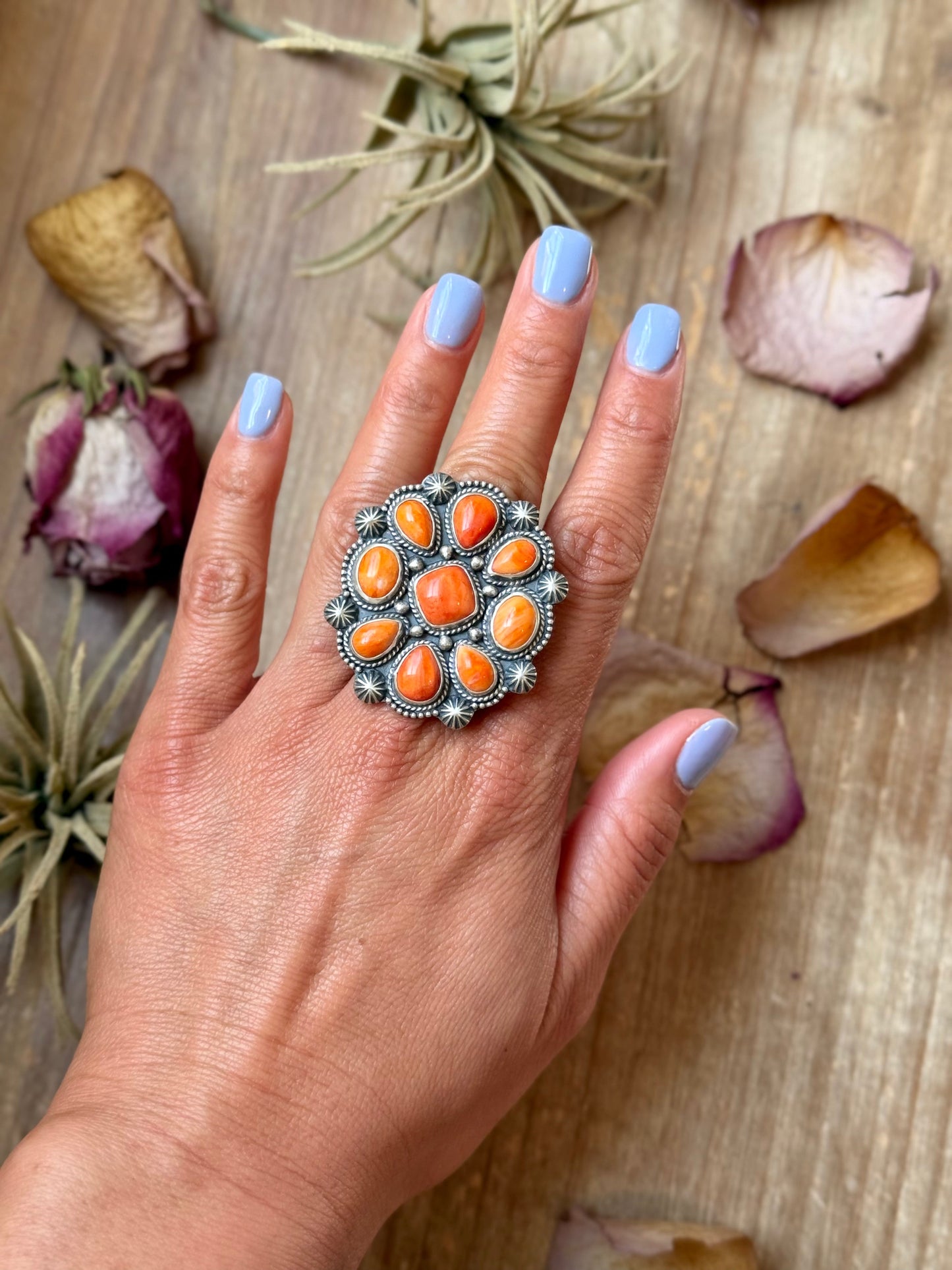 Orange Spiny Oyster Mosaic Cluster Ring - Size 7.5, Artist Shay Pfeiffer
