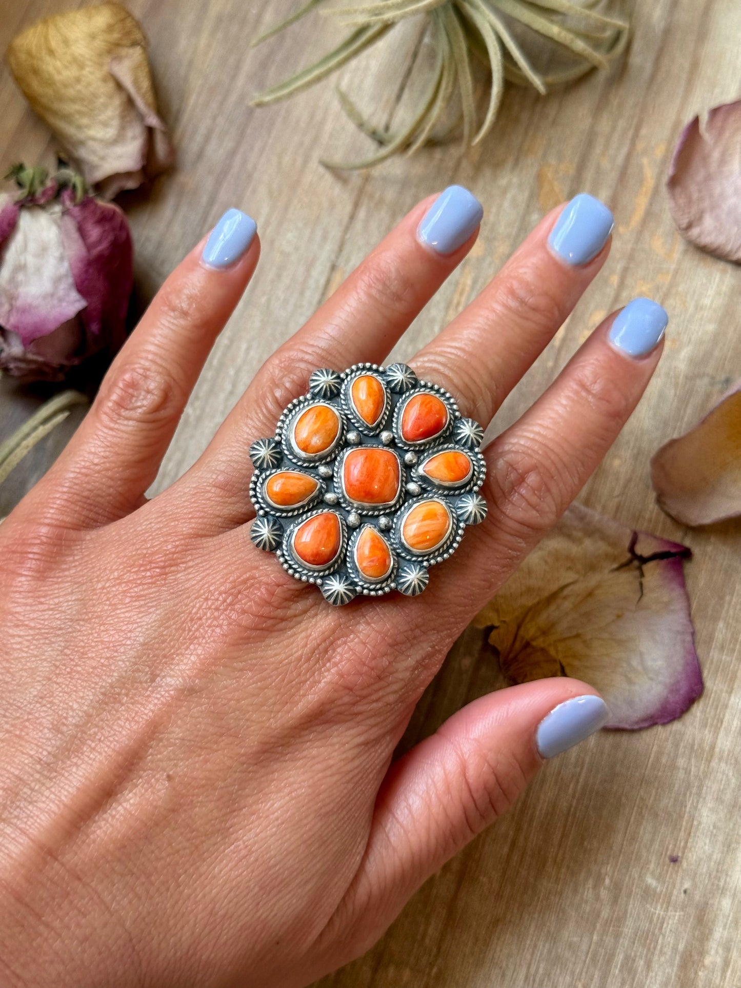 Orange Spiny Oyster Mosaic Cluster Ring - Size 7.5, Artist Shay Pfeiffer