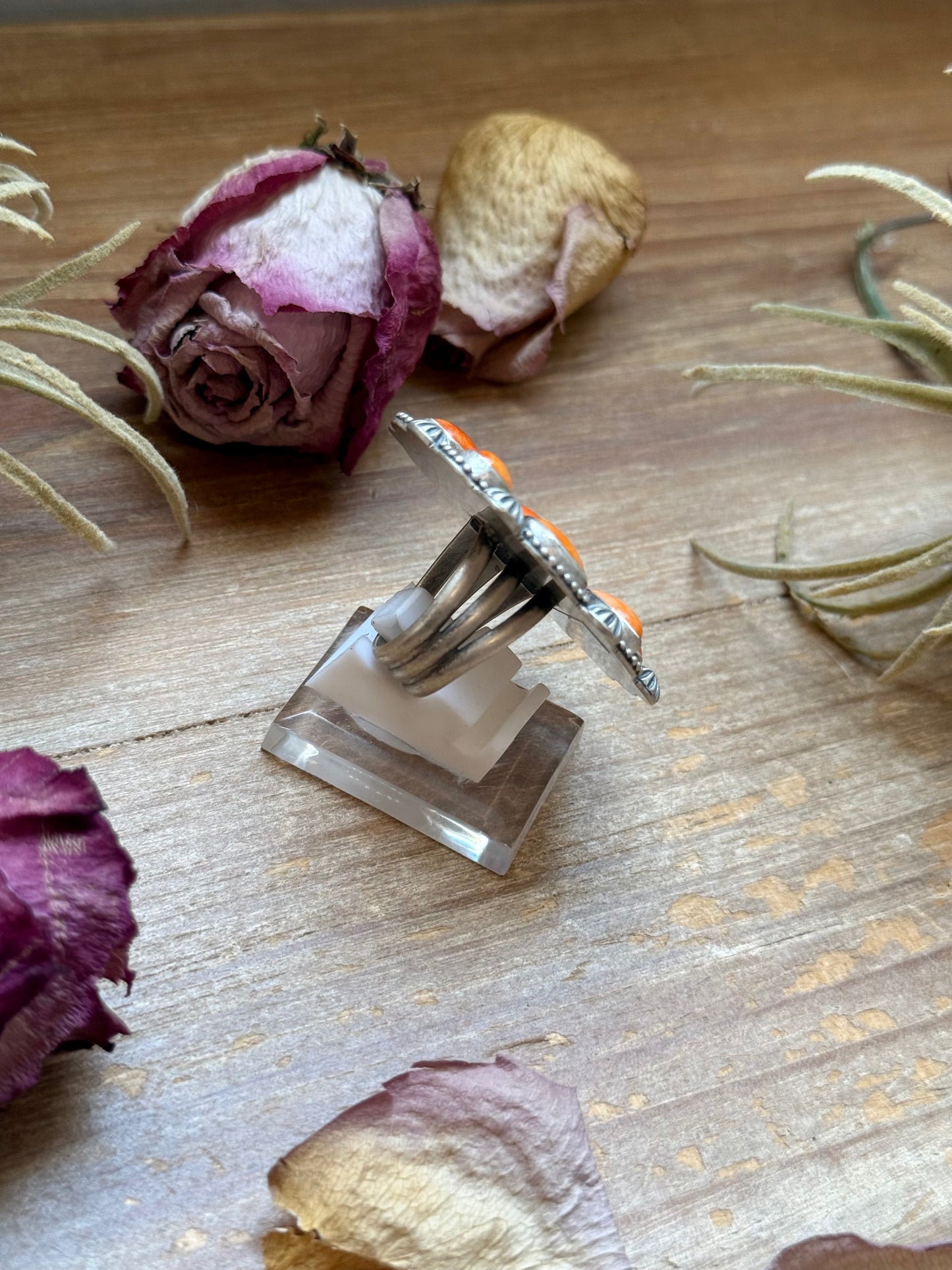 Orange Spiny Oyster Mosaic Cluster Ring - Size 7.5, Artist Shay Pfeiffer