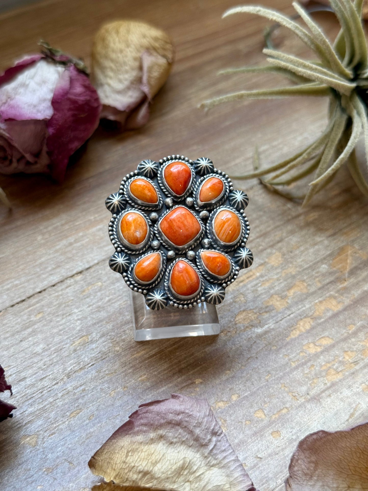 Orange Spiny Oyster Mosaic Cluster Ring - Size 7.5, Artist Shay Pfeiffer