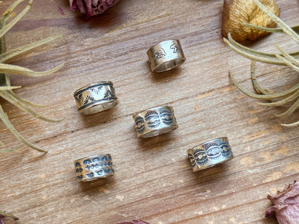 SS Hand-Milled Wide Band “Poke the Bear” Stamped Ring – Size 5.5 – Handmade by Artist Jason Ogg