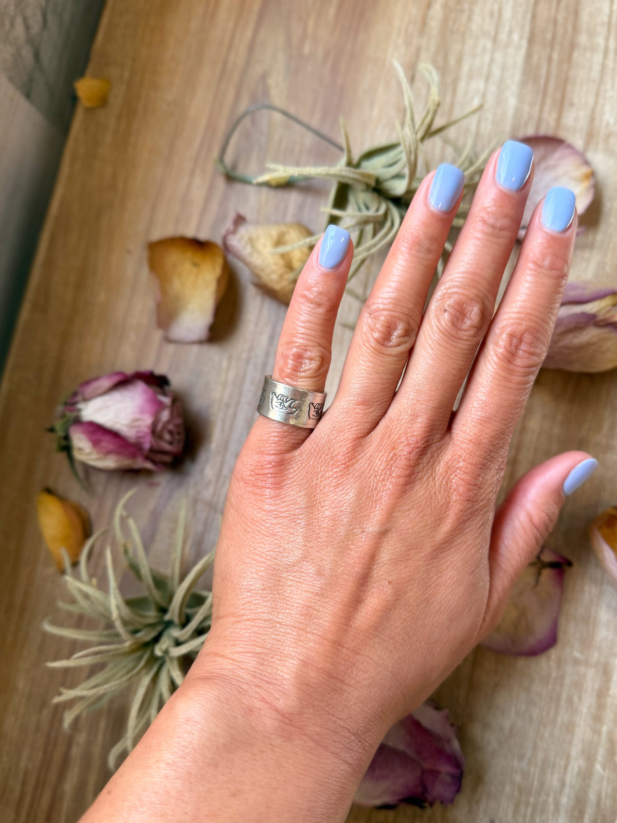 SS Hand-Milled Wide Band “Poke the Bear” Stamped Ring – Size 5.5 – Handmade by Artist Jason Ogg