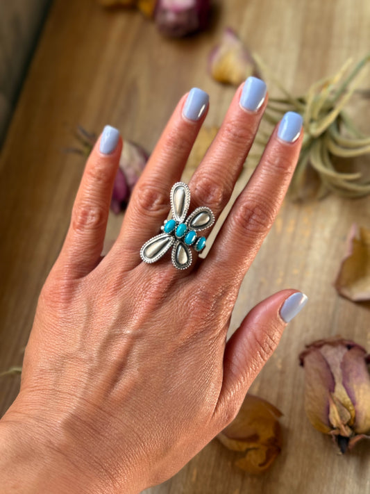 Sterling Silver Butterfly Ring with Kingman Turquoise – Adjustable