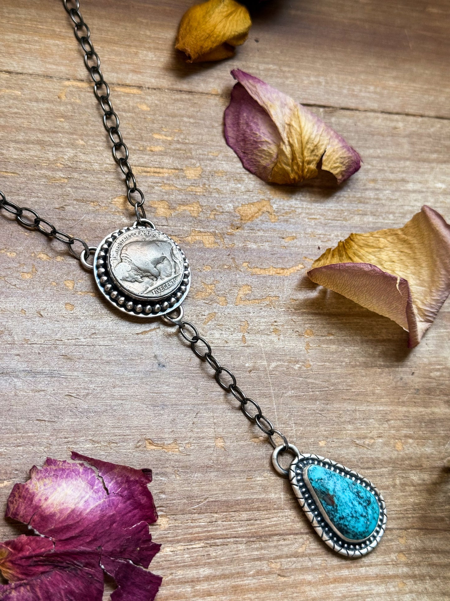 Buffalo Coin & Kingman Turquoise Lariat Necklace – 18” – Artist Gilbert Nez