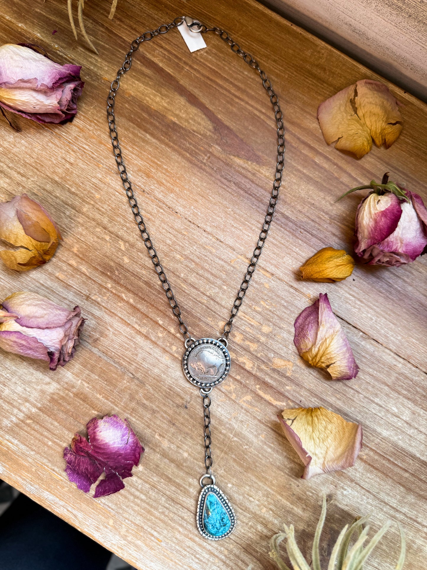 Buffalo Coin & Kingman Turquoise Lariat Necklace – 18” – Artist Gilbert Nez