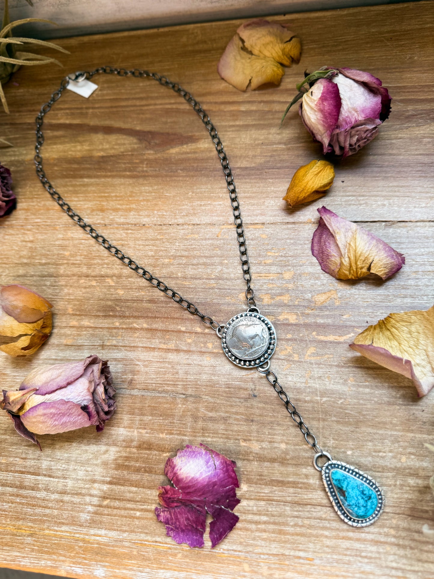 Buffalo Coin & Kingman Turquoise Lariat Necklace – 18” – Artist Gilbert Nez